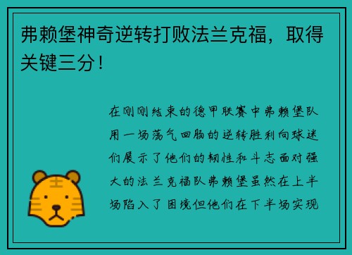 弗赖堡神奇逆转打败法兰克福，取得关键三分！